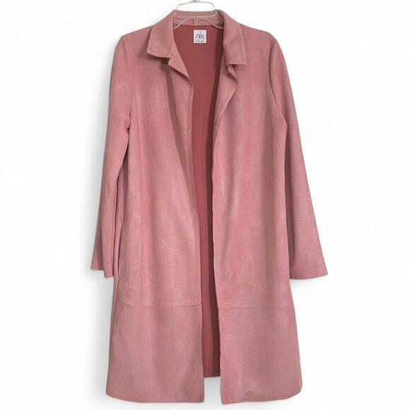 Zara Jackets & Blazers - ZARA Pink Faux Suede Longline Duster Jacket Coat Pockets Women's Size M
